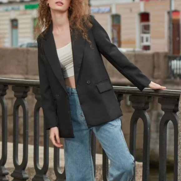 Double Breasted Lapel Neck Blazer black - Picture 12 of 16